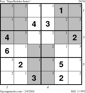 The grouppuzzles.com Easy SuperSudoku-Junior puzzle for Wednesday February 4, 2026, suitable for printing, with all 3 steps marked