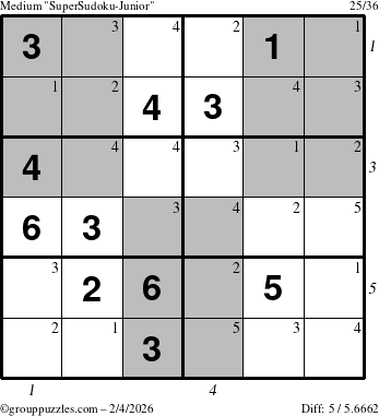 The grouppuzzles.com Medium SuperSudoku-Junior puzzle for Wednesday February 4, 2026, suitable for printing, with all 5 steps marked