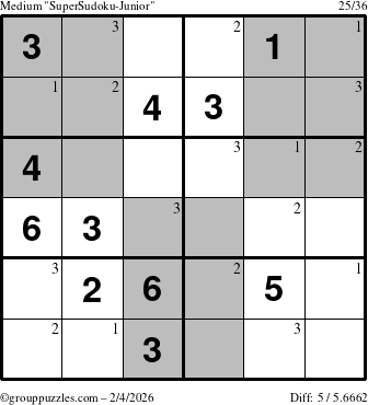 The grouppuzzles.com Medium SuperSudoku-Junior puzzle for Wednesday February 4, 2026 with the first 3 steps marked