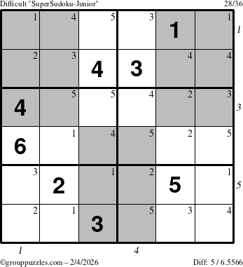 The grouppuzzles.com Difficult SuperSudoku-Junior puzzle for Wednesday February 4, 2026, suitable for printing, with all 5 steps marked