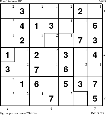 The grouppuzzles.com Easy Sudoku-7B puzzle for Wednesday February 4, 2026, suitable for printing, with all 3 steps marked