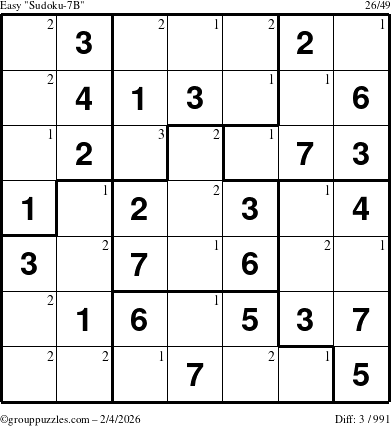 The grouppuzzles.com Easy Sudoku-7B puzzle for Wednesday February 4, 2026 with the first 3 steps marked