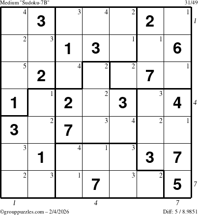 The grouppuzzles.com Medium Sudoku-7B puzzle for Wednesday February 4, 2026, suitable for printing, with all 5 steps marked