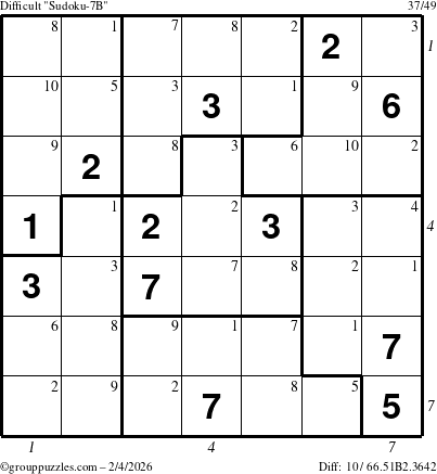 The grouppuzzles.com Difficult Sudoku-7B puzzle for Wednesday February 4, 2026, suitable for printing, with all 10 steps marked