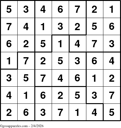 The grouppuzzles.com Answer grid for the Sudoku-7B puzzle for Wednesday February 4, 2026