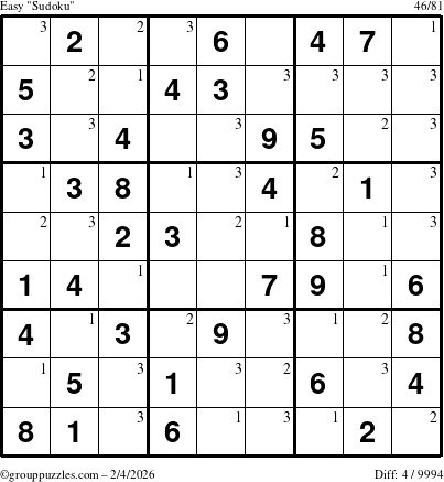 The grouppuzzles.com Easy Sudoku puzzle for Wednesday February 4, 2026 with the first 3 steps marked