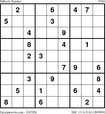 The grouppuzzles.com Difficult Sudoku puzzle for Wednesday February 4, 2026