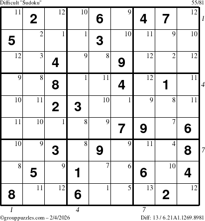 The grouppuzzles.com Difficult Sudoku puzzle for Wednesday February 4, 2026, suitable for printing, with all 13 steps marked