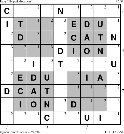 The grouppuzzles.com Easy HyperEducation-i23 puzzle for Wednesday February 4, 2026, suitable for printing, with all 4 steps marked