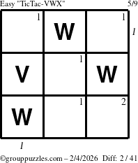 The grouppuzzles.com Easy TicTac-VWX puzzle for Wednesday February 4, 2026, suitable for printing, with all 2 steps marked