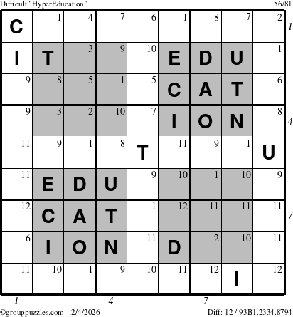 The grouppuzzles.com Difficult HyperEducation-i23 puzzle for Wednesday February 4, 2026 with all 12 steps marked