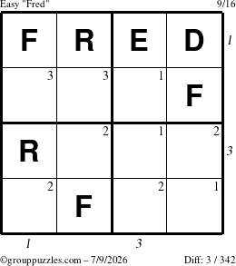 The grouppuzzles.com Easy Fred puzzle for Thursday July 9, 2026 with all 3 steps marked