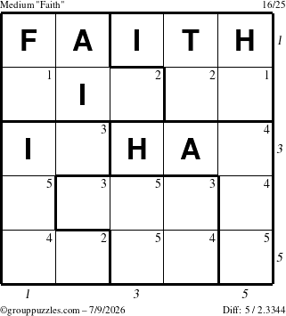 The grouppuzzles.com Medium Faith puzzle for Thursday July 9, 2026 with all 5 steps marked