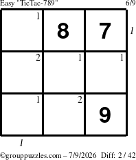 The grouppuzzles.com Easy TicTac-789 puzzle for Thursday July 9, 2026, suitable for printing, with all 2 steps marked