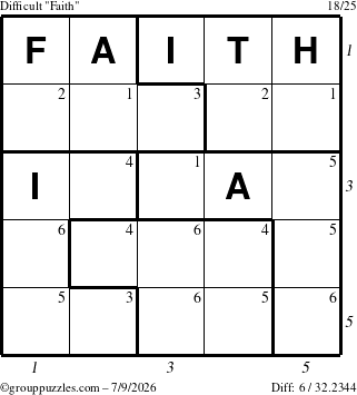 The grouppuzzles.com Difficult Faith puzzle for Thursday July 9, 2026, suitable for printing, with all 6 steps marked