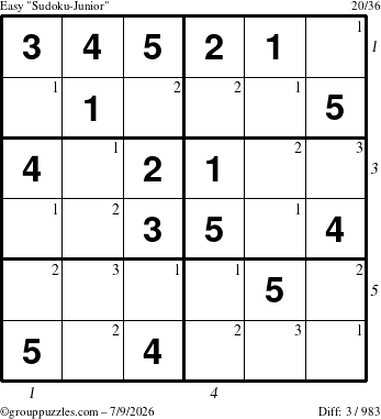 The grouppuzzles.com Easy Sudoku-Junior puzzle for Thursday July 9, 2026, suitable for printing, with all 3 steps marked