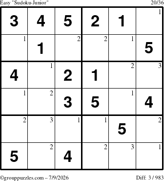 The grouppuzzles.com Easy Sudoku-Junior puzzle for Thursday July 9, 2026 with the first 3 steps marked