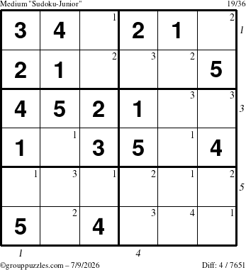 The grouppuzzles.com Medium Sudoku-Junior puzzle for Thursday July 9, 2026, suitable for printing, with all 4 steps marked