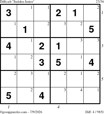 The grouppuzzles.com Difficult Sudoku-Junior puzzle for Thursday July 9, 2026, suitable for printing, with all 4 steps marked