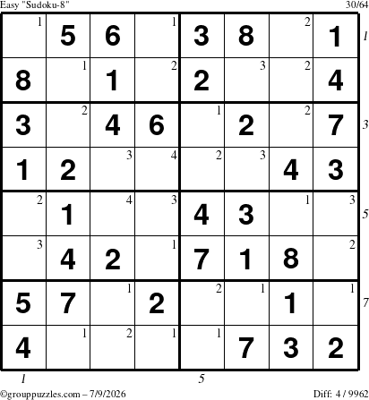 The grouppuzzles.com Easy Sudoku-8 puzzle for Thursday July 9, 2026, suitable for printing, with all 4 steps marked
