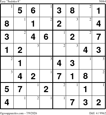 The grouppuzzles.com Easy Sudoku-8 puzzle for Thursday July 9, 2026 with the first 3 steps marked