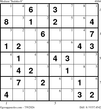 The grouppuzzles.com Medium Sudoku-8 puzzle for Thursday July 9, 2026 with all 8 steps marked