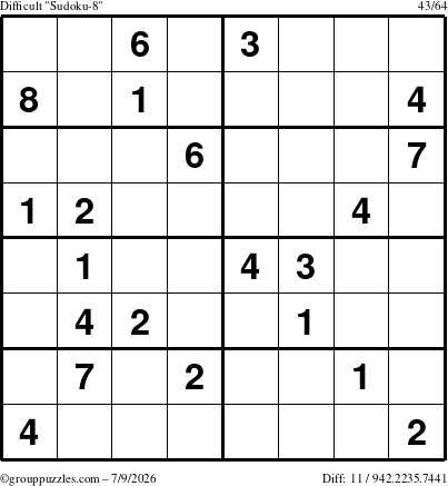 The grouppuzzles.com Difficult Sudoku-8 puzzle for Thursday July 9, 2026