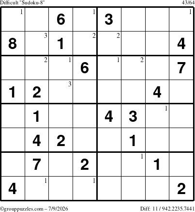 The grouppuzzles.com Difficult Sudoku-8 puzzle for Thursday July 9, 2026 with the first 3 steps marked