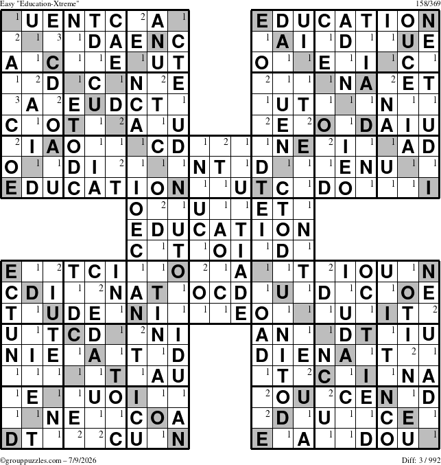 The grouppuzzles.com Easy Education-Xtreme puzzle for Thursday July 9, 2026 with the first 3 steps marked