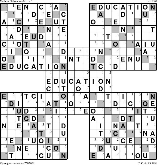 The grouppuzzles.com Medium Education-Xtreme puzzle for Thursday July 9, 2026 with the first 3 steps marked