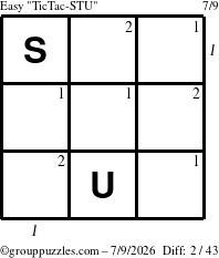 The grouppuzzles.com Easy TicTac-STU puzzle for Thursday July 9, 2026 with all 2 steps marked