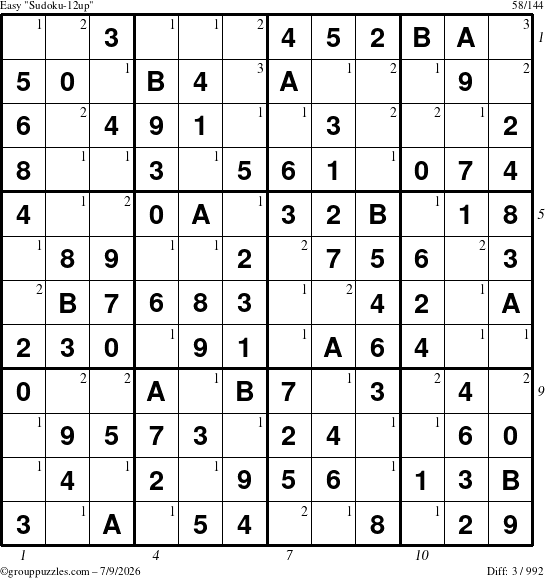 The grouppuzzles.com Easy Sudoku-12up puzzle for Thursday July 9, 2026, suitable for printing, with all 3 steps marked