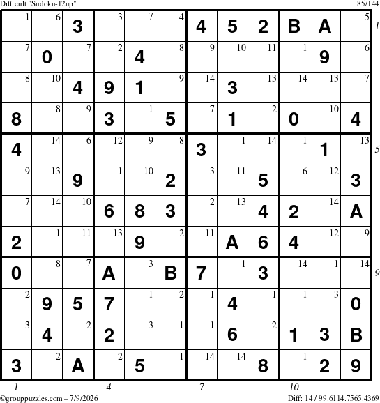 The grouppuzzles.com Difficult Sudoku-12up puzzle for Thursday July 9, 2026 with all 14 steps marked