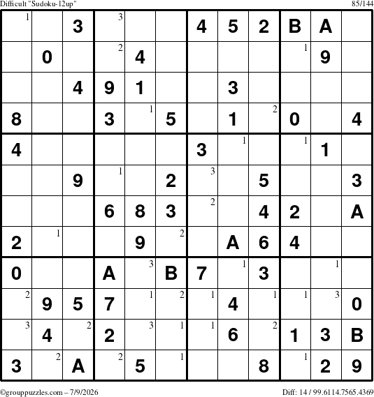 The grouppuzzles.com Difficult Sudoku-12up puzzle for Thursday July 9, 2026 with the first 3 steps marked