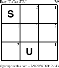 The grouppuzzles.com Easy TicTac-STU puzzle for Thursday July 9, 2026 with the first 2 steps marked