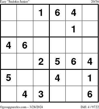 The grouppuzzles.com Easy Sudoku-Junior puzzle for Thursday March 28, 2024