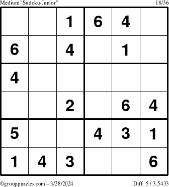 The grouppuzzles.com Medium Sudoku-Junior puzzle for Thursday March 28, 2024