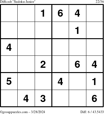 The grouppuzzles.com Difficult Sudoku-Junior puzzle for Thursday March 28, 2024