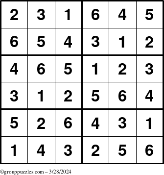 The grouppuzzles.com Answer grid for the Sudoku-Junior puzzle for Thursday March 28, 2024