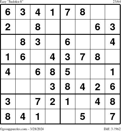 The grouppuzzles.com Easy Sudoku-8 puzzle for Thursday March 28, 2024