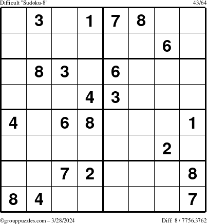 The grouppuzzles.com Difficult Sudoku-8 puzzle for Thursday March 28, 2024