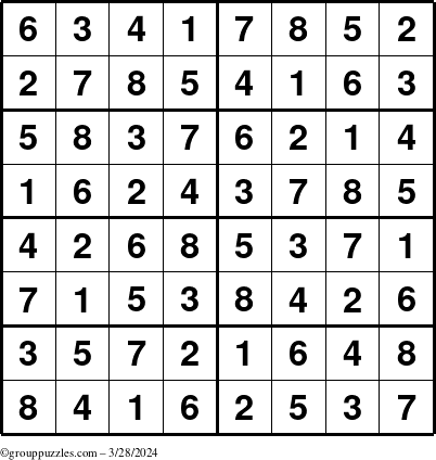 The grouppuzzles.com Answer grid for the Sudoku-8 puzzle for Thursday March 28, 2024