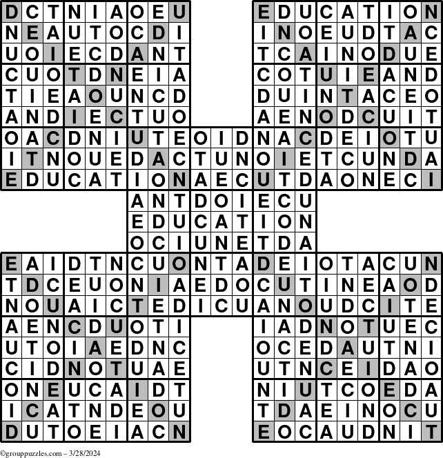 The grouppuzzles.com Answer grid for the Education-Xtreme puzzle for Thursday March 28, 2024