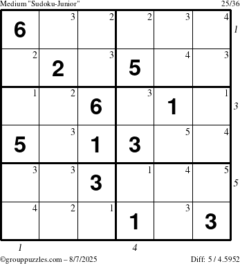 The grouppuzzles.com Medium Sudoku-Junior puzzle for Thursday August 7, 2025, suitable for printing, with all 5 steps marked