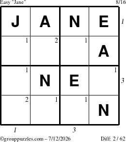 The grouppuzzles.com Easy Jane puzzle for Sunday July 12, 2026, suitable for printing, with all 2 steps marked
