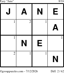 The grouppuzzles.com Easy Jane puzzle for Sunday July 12, 2026 with the first 2 steps marked