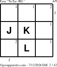 The grouppuzzles.com Easy TicTac-JKL puzzle for Sunday July 12, 2026 with all 2 steps marked