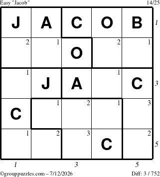 The grouppuzzles.com Easy Jacob puzzle for Sunday July 12, 2026, suitable for printing, with all 3 steps marked