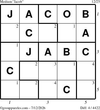 The grouppuzzles.com Medium Jacob puzzle for Sunday July 12, 2026, suitable for printing, with all 4 steps marked
