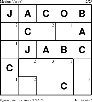The grouppuzzles.com Medium Jacob puzzle for Sunday July 12, 2026 with the first 3 steps marked
